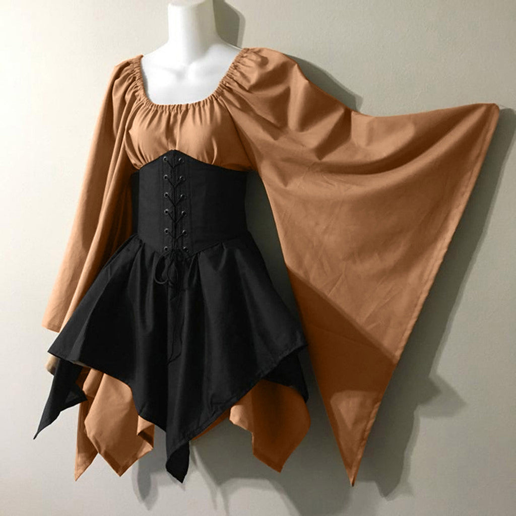 Corset Waist Peasant Sleeve Renaissance Dress - Khaki - 1