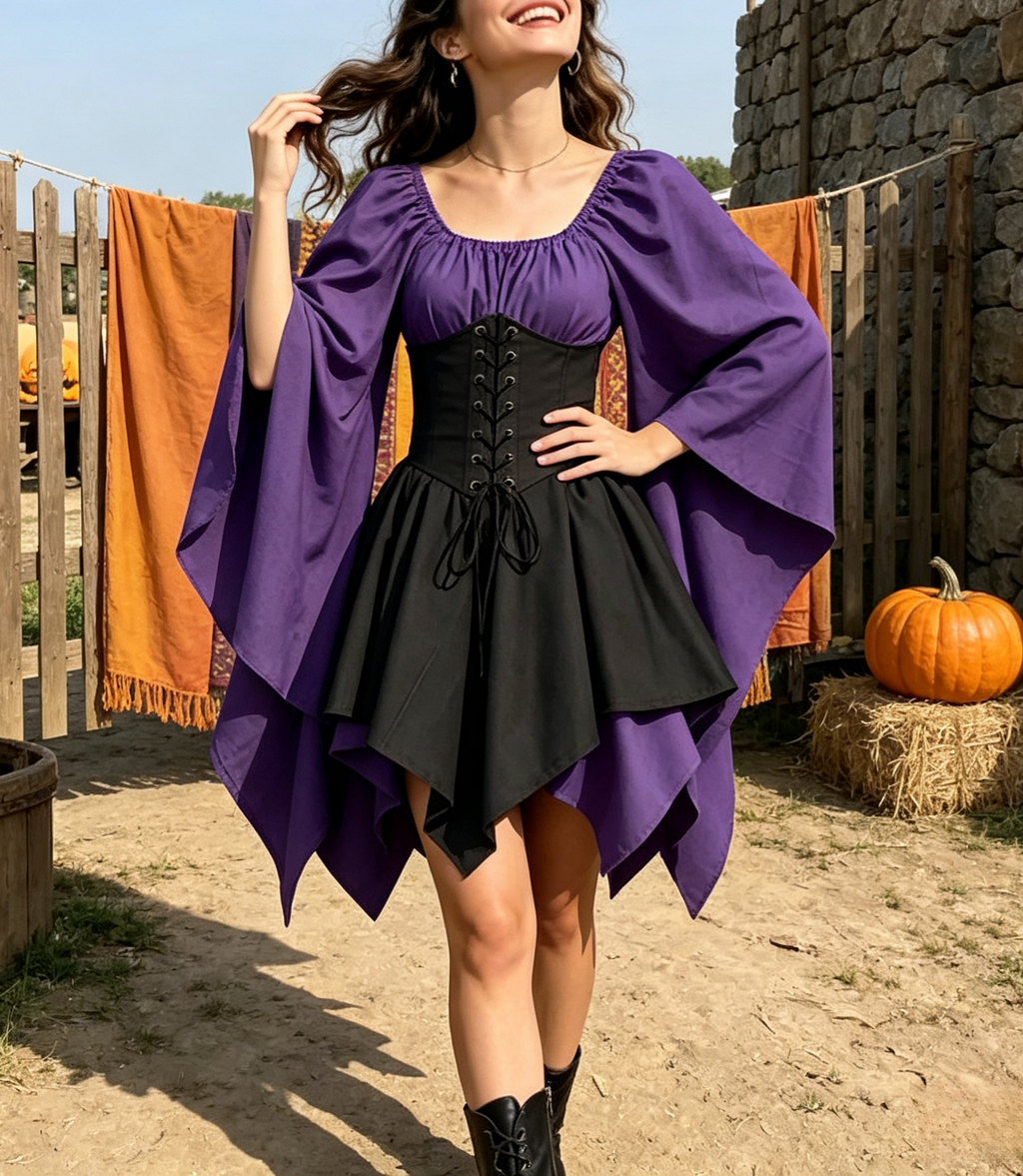 Corset Waist Peasant Sleeve Renaissance Dress - Purple - 1