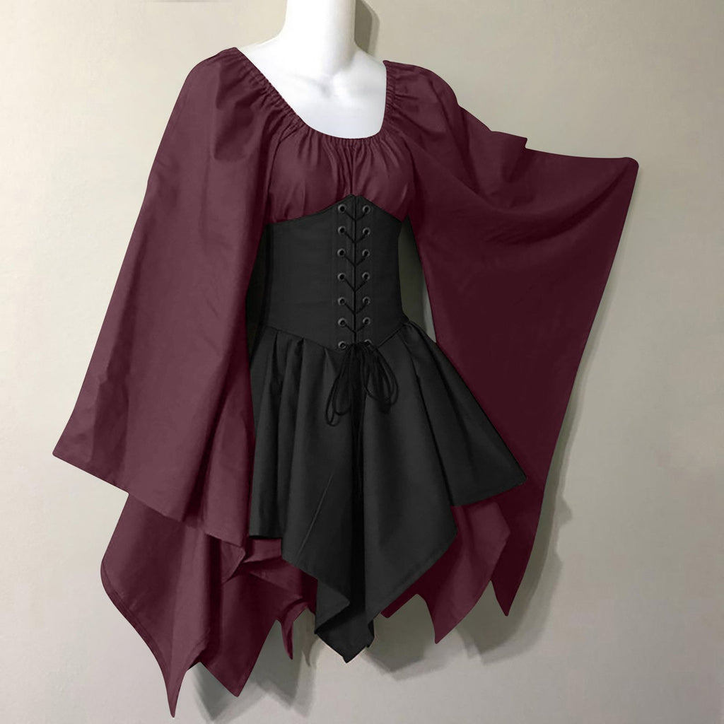 Corset Waist Peasant Sleeve Renaissance Dress - Wine_red