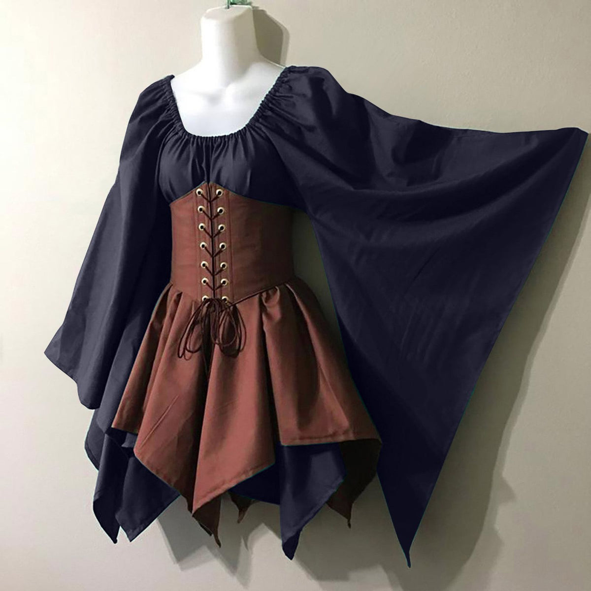 Corset Waist Peasant Sleeve Renaissance Dress - ZDBlue