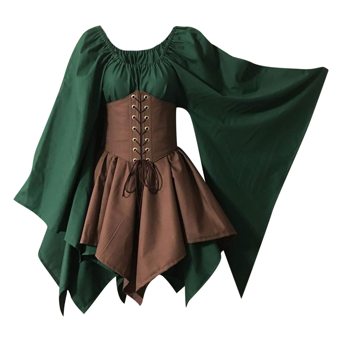 Corset Waist Peasant Sleeve Renaissance Dress - ZGreen
