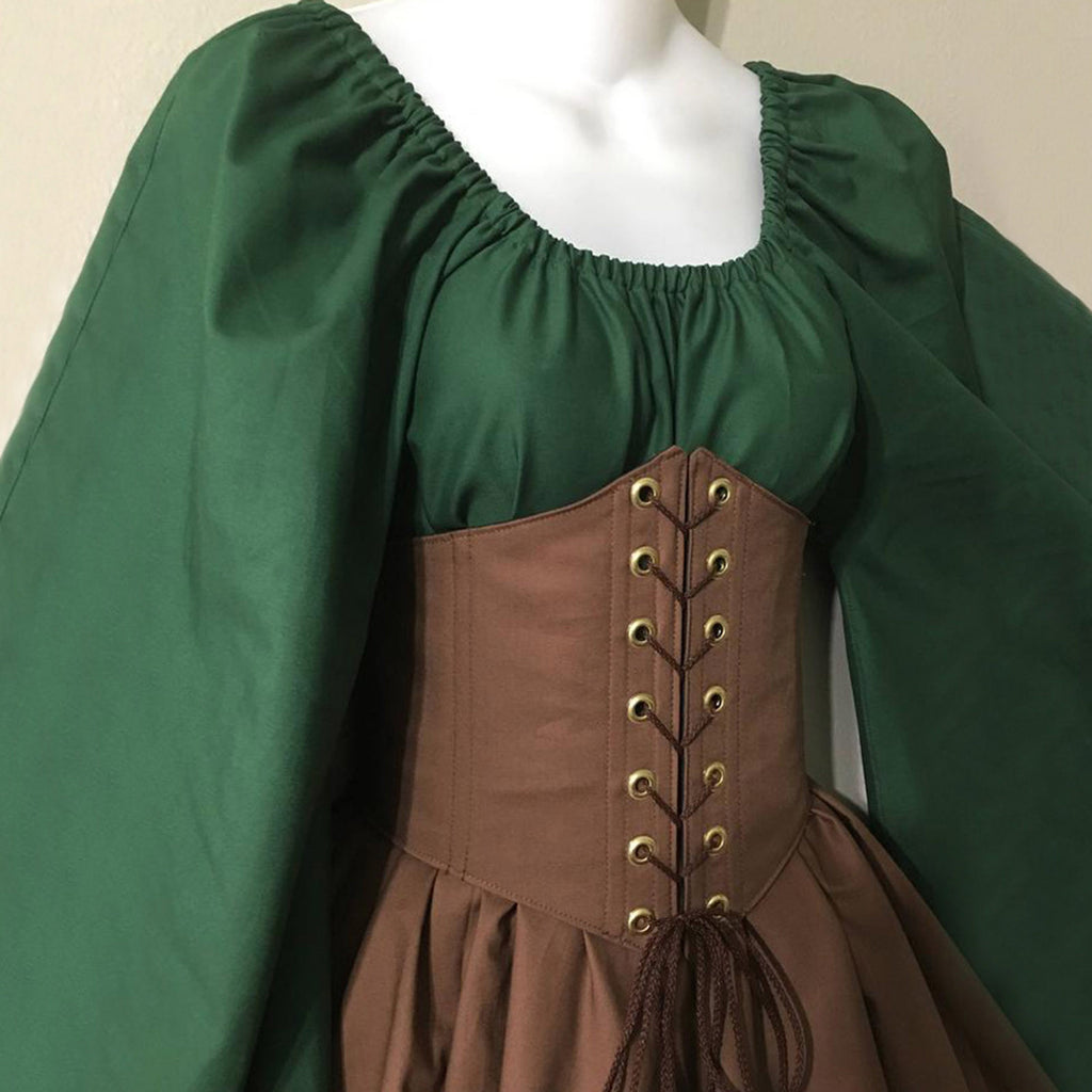 Corset Waist Peasant Sleeve Renaissance Dress - ZGreen - 1