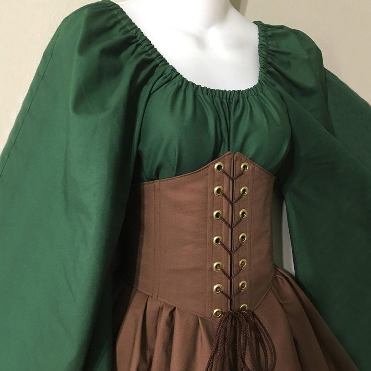 Corset Waist Peasant Sleeve Renaissance Dress - ZGreen - 1