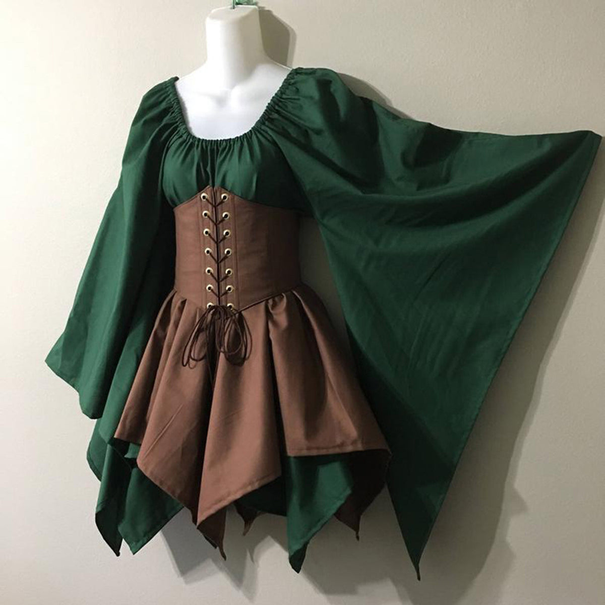 Corset Waist Peasant Sleeve Renaissance Dress - ZGreen - 2