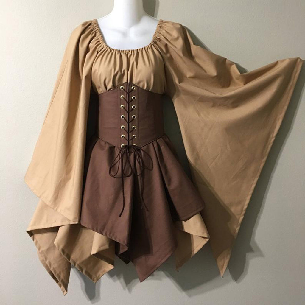 Corset Waist Peasant Sleeve Renaissance Dress - ZKhaki