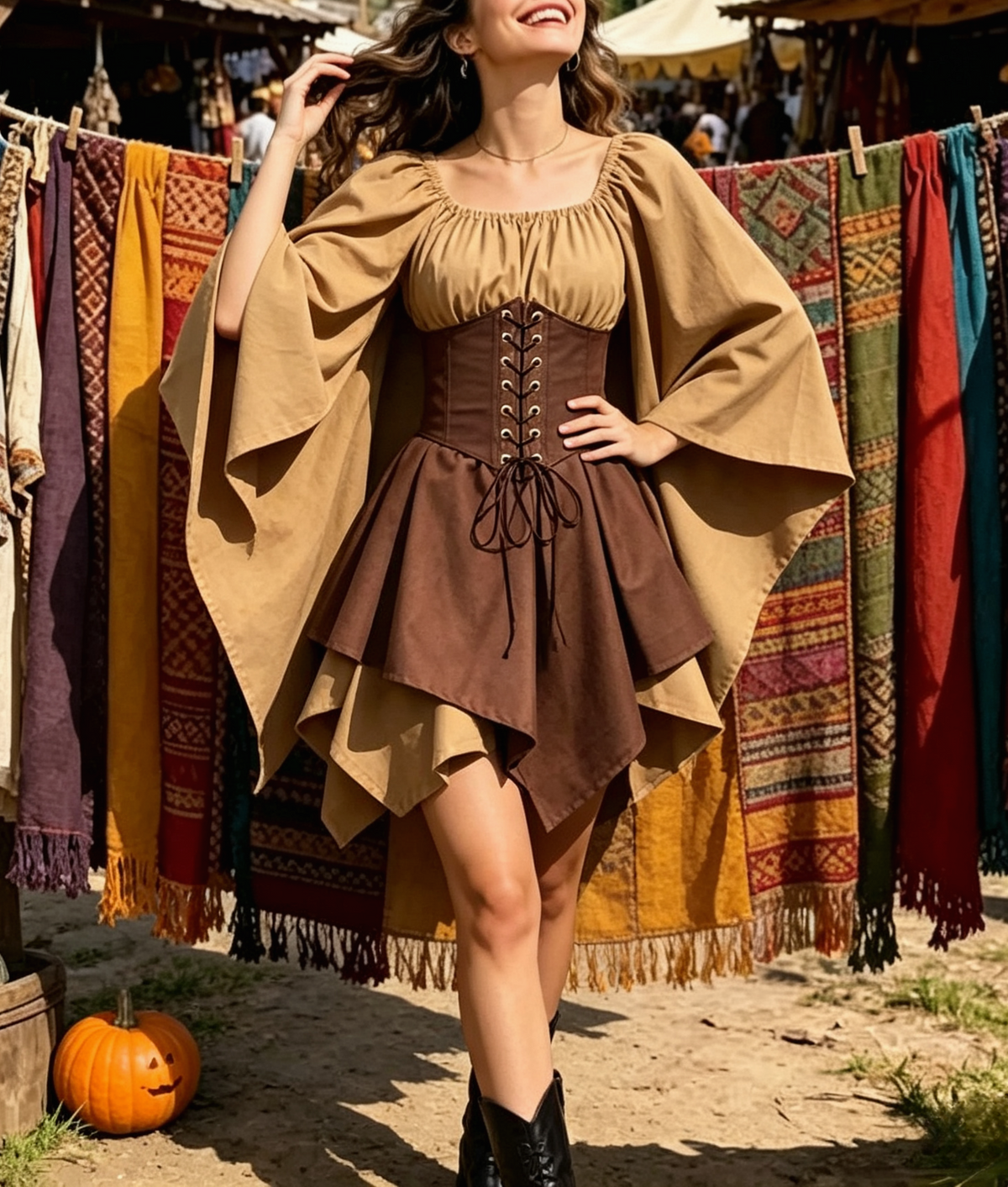 Corset Waist Peasant Sleeve Renaissance Dress - ZKhaki - 1
