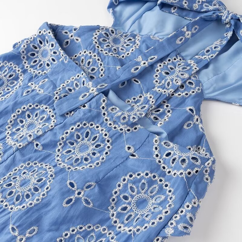 Eyelet Embroidered Cutout Ruffle Maxi Dress - Blue - 10