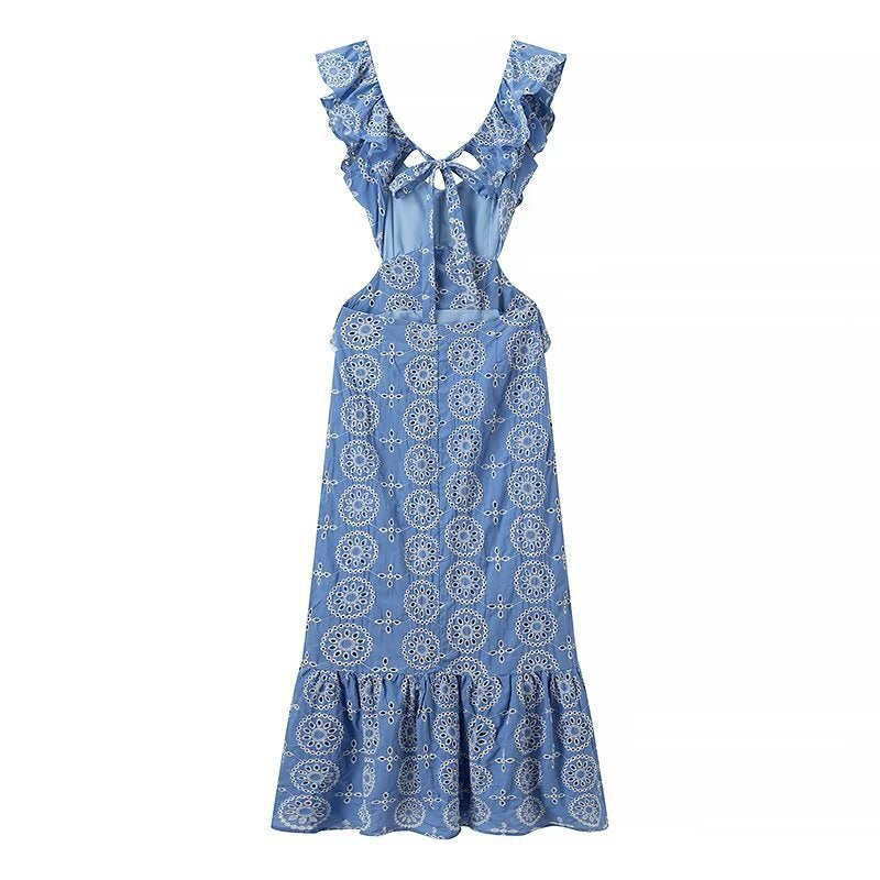 Eyelet Embroidered Cutout Ruffle Maxi Dress - Blue - 1