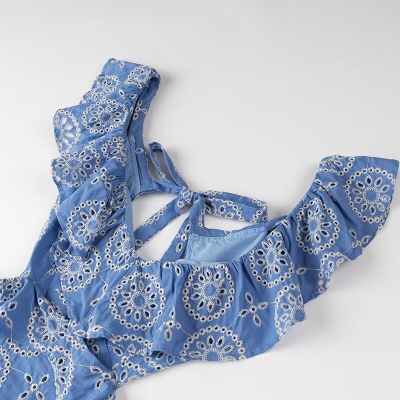Eyelet Embroidered Cutout Ruffle Maxi Dress - Blue - 2