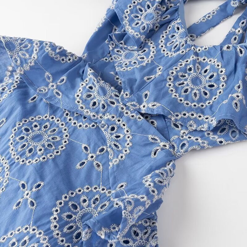 Eyelet Embroidered Cutout Ruffle Maxi Dress - Blue - 3