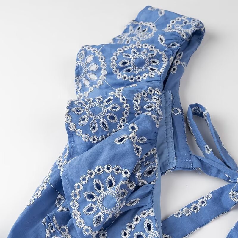 Eyelet Embroidered Cutout Ruffle Maxi Dress - Blue - 4