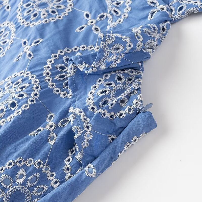 Eyelet Embroidered Cutout Ruffle Maxi Dress - Blue - 5
