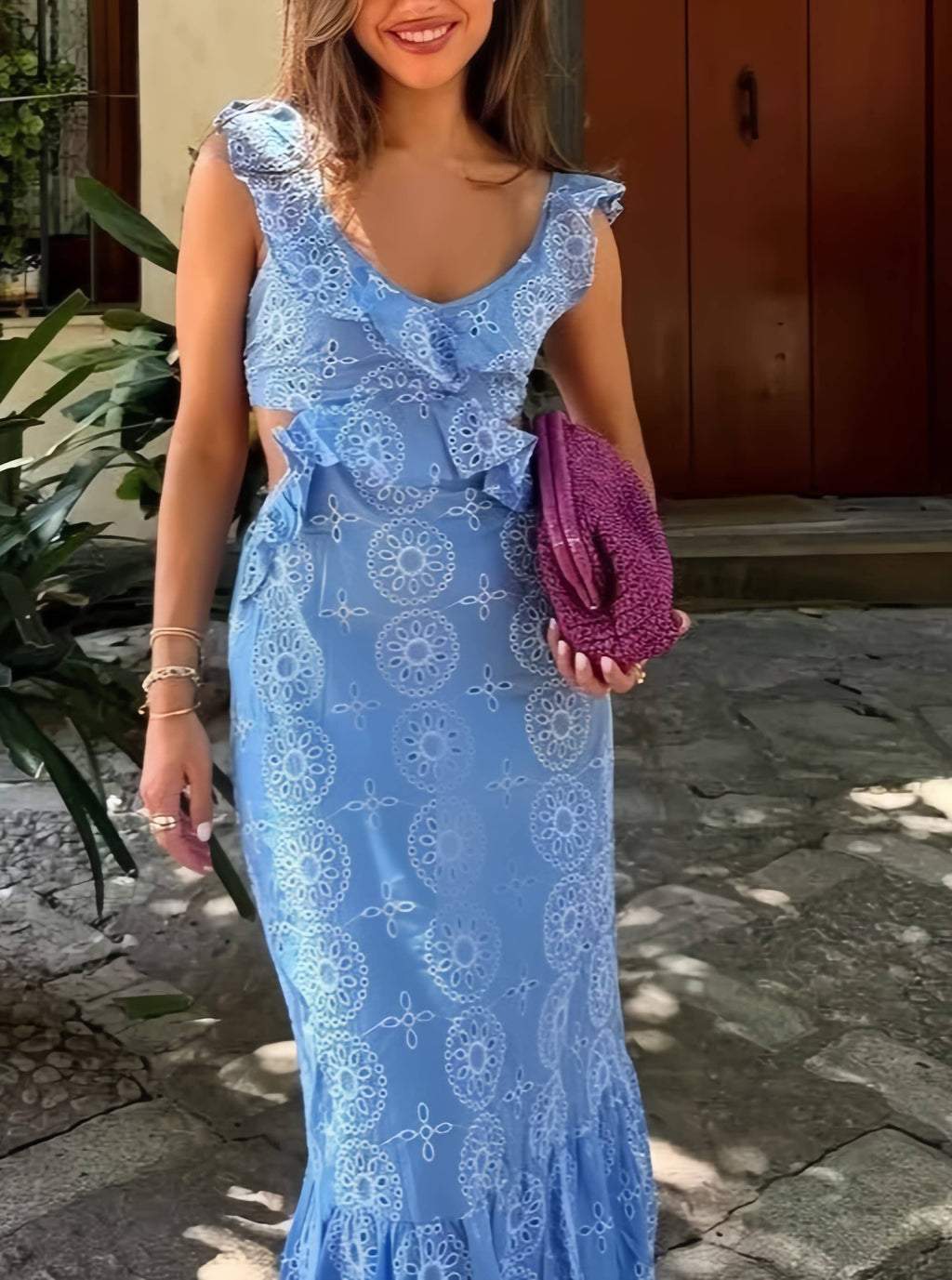 Eyelet Embroidered Cutout Ruffle Maxi Dress