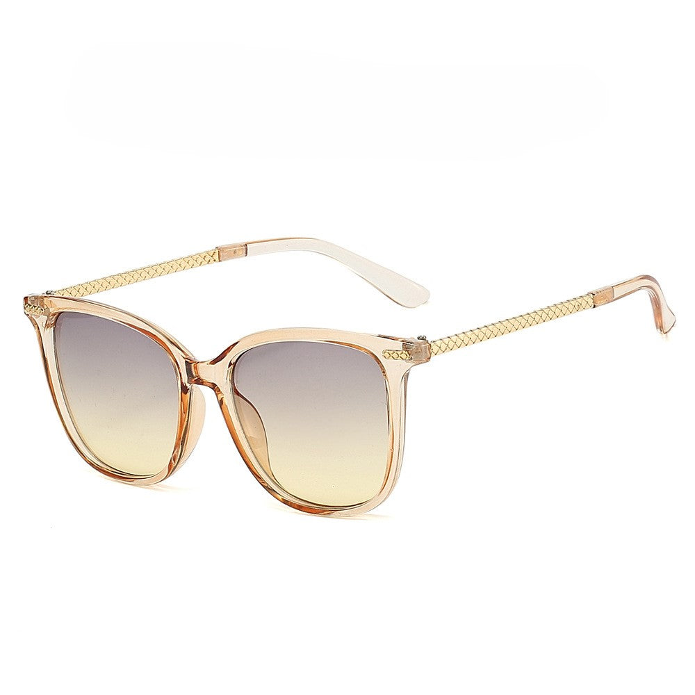 Square Frame Chain Temple Sunglasses - Beige
