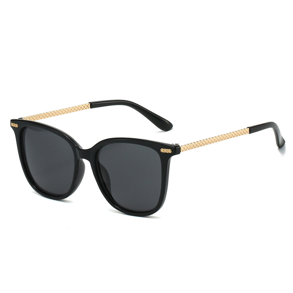 Square Frame Chain Temple Sunglasses - Black