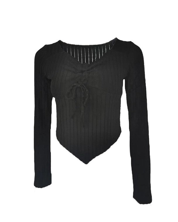 Ribbed Ruched Tie Front V Neck Tee - Black