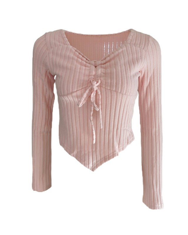 Ribbed Ruched Tie Front V Neck Tee - Pink - 1