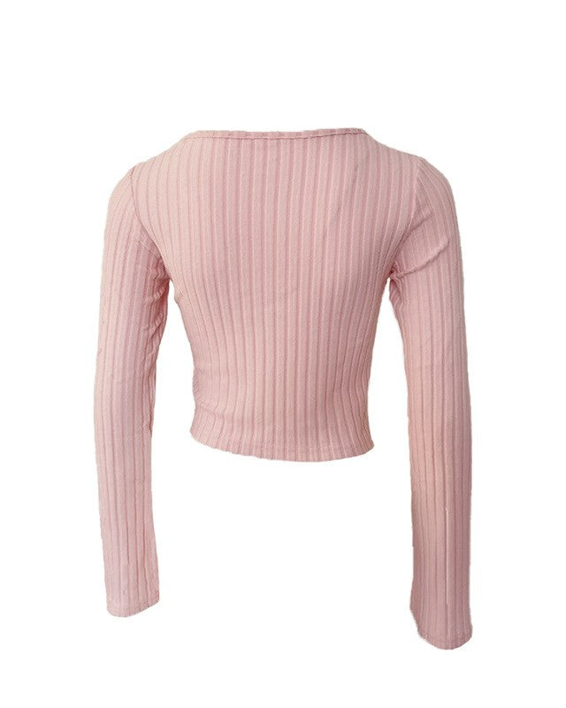 Ribbed Ruched Tie Front V Neck Tee - Pink - 2