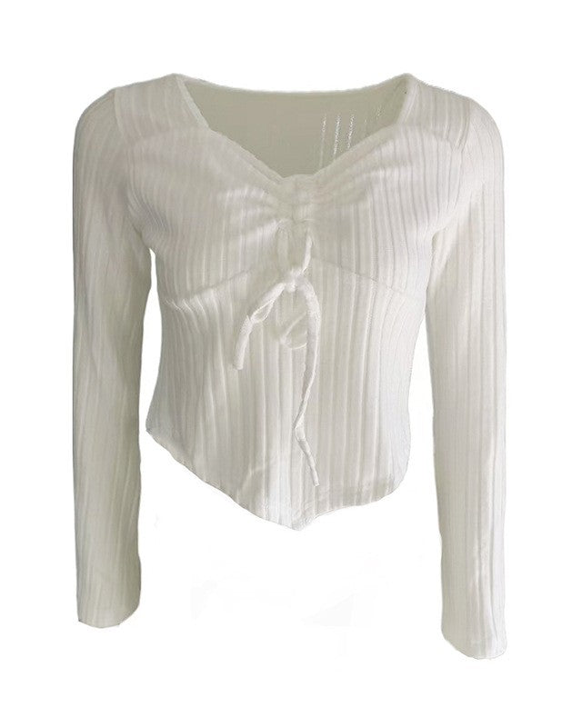 Ribbed Ruched Tie Front V Neck Tee - White