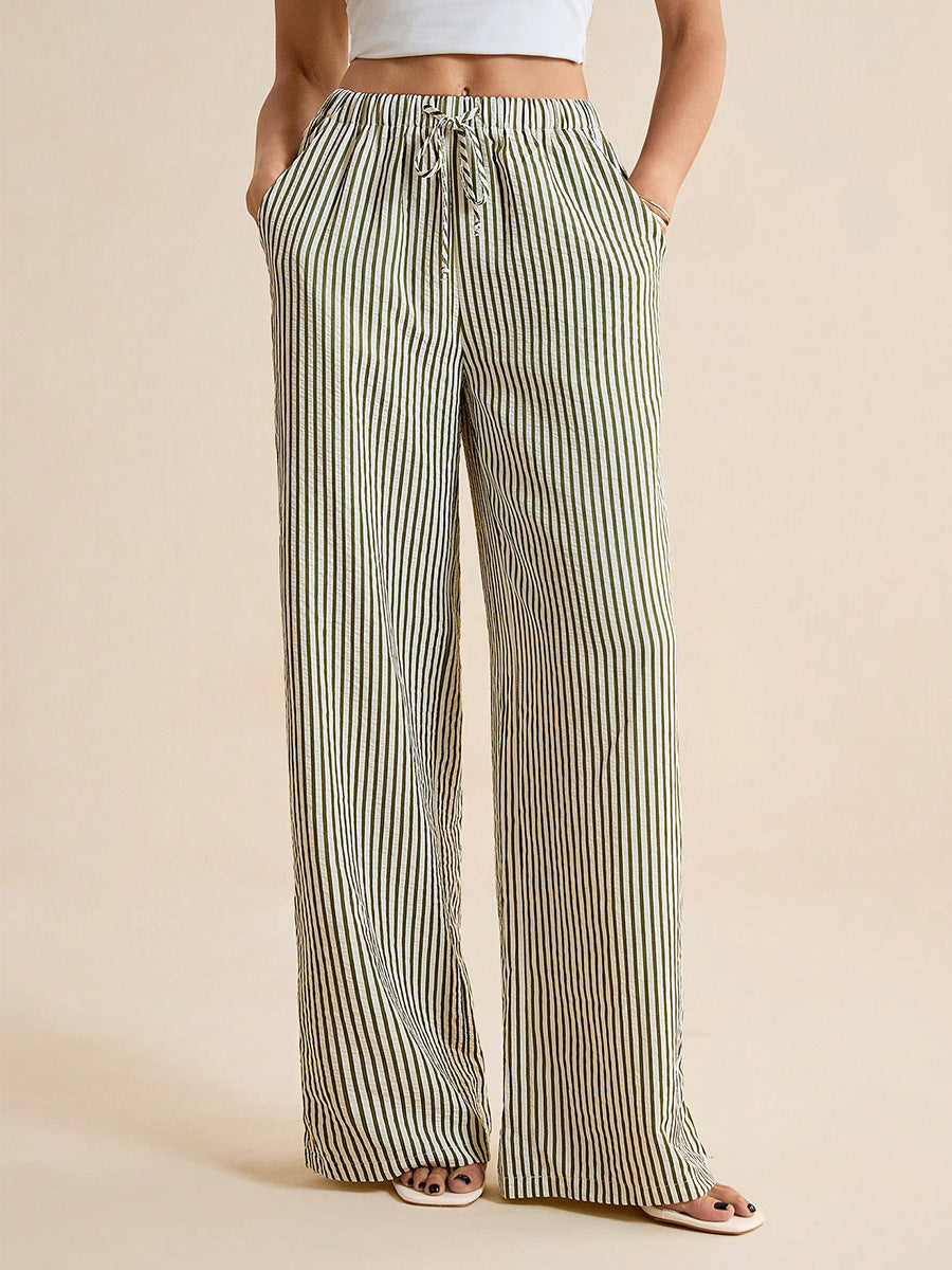 Pinstripe Drawstring Wide Leg Pants - Stripe - 2