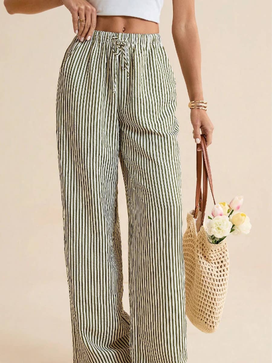 Pinstripe Drawstring Wide Leg Pants