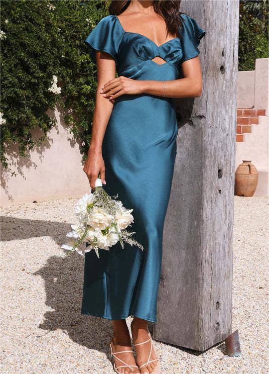 Sweetheart Ruffle Sleeve Satin Maxi Dress - Peacock Blue