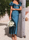 Sweetheart Ruffle Sleeve Satin Maxi Dress - Peacock Blue