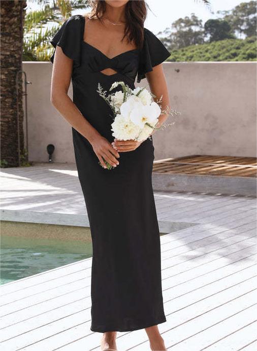 Sweetheart Ruffle Sleeve Satin Maxi Dress - black