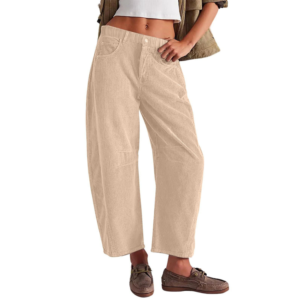 Rivet Detail Corduroy Barrel Leg Trousers - Begie