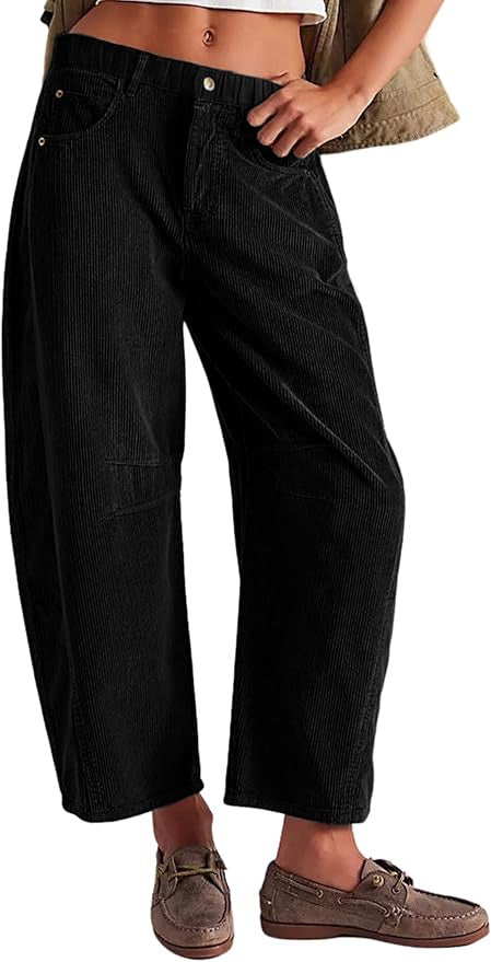 Rivet Detail Corduroy Barrel Leg Trousers - Black