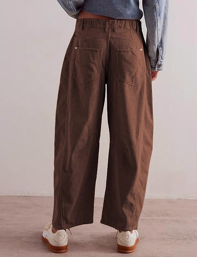 Rivet Detail Corduroy Barrel Leg Trousers - Brown