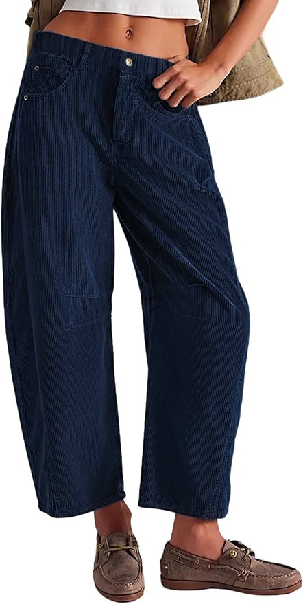 Rivet Detail Corduroy Barrel Leg Trousers - Darkblue