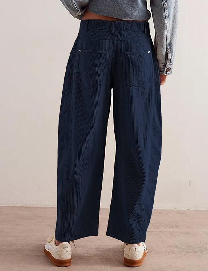 Rivet Detail Corduroy Barrel Leg Trousers - Darkblue - 1