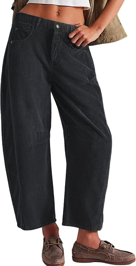 Rivet Detail Corduroy Barrel Leg Trousers - Darkgray