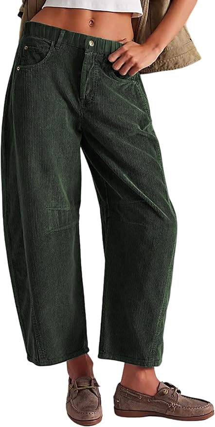 Rivet Detail Corduroy Barrel Leg Trousers - Green