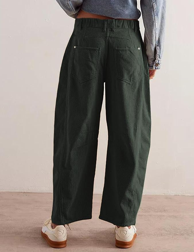 Rivet Detail Corduroy Barrel Leg Trousers - Green - 1