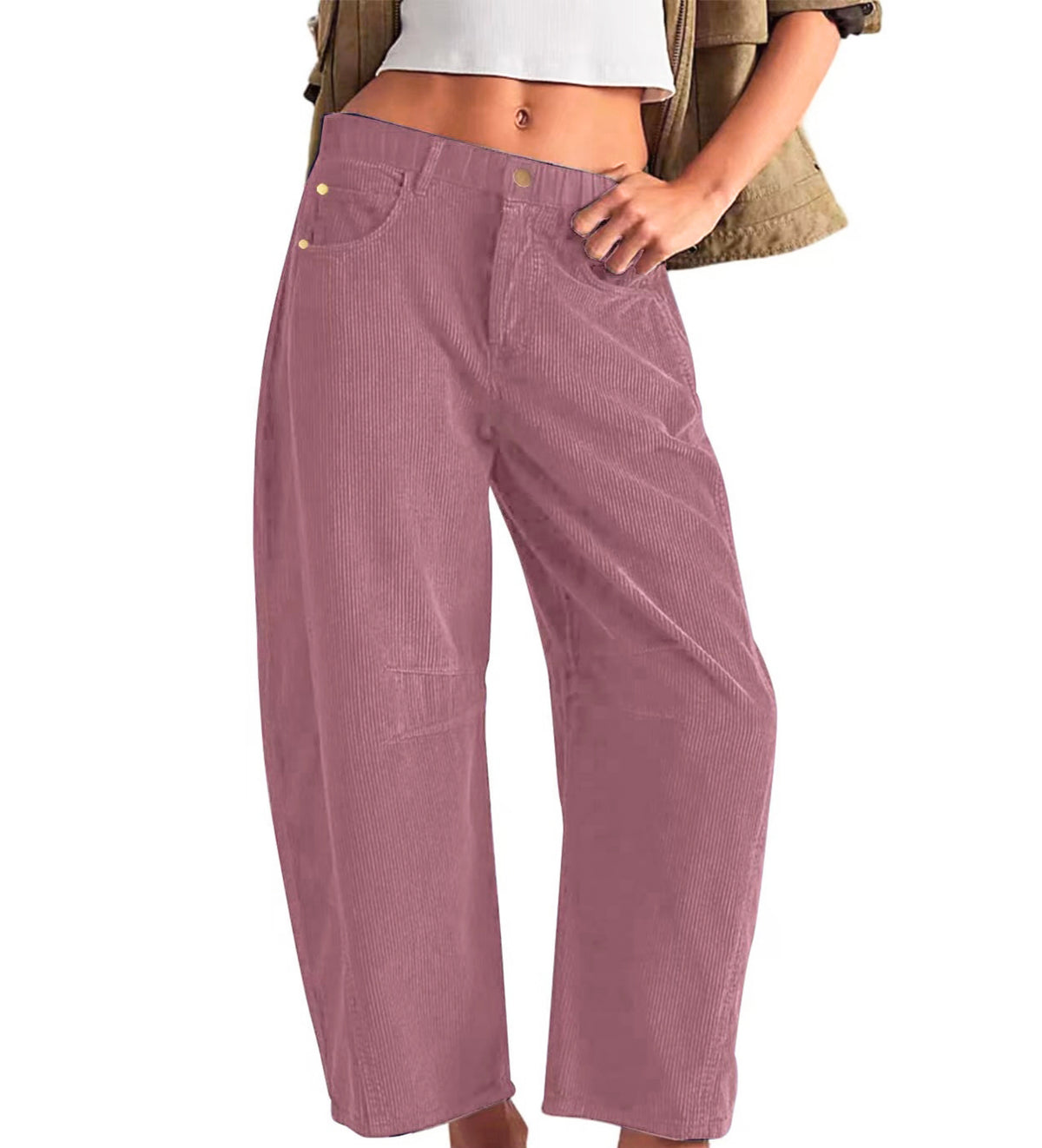 Rivet Detail Corduroy Barrel Leg Trousers - Pink
