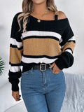 Colorblock Banded Off Shoulder Slouchy Sweater - Khaki