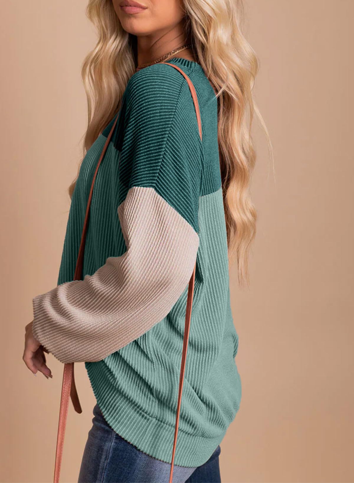 Waffle Knit Colour Block Sweatshirt - Green - 3