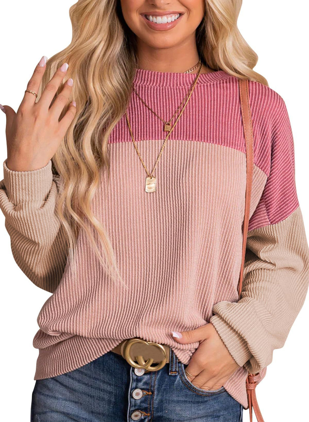 Waffle Knit Colour Block Sweatshirt - Pink - 1