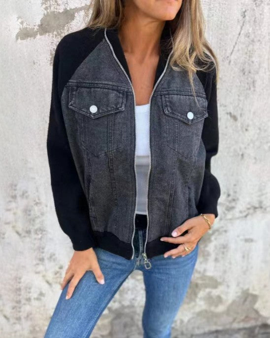 Contrast Sleeve Denim Bomber Jacket - Black