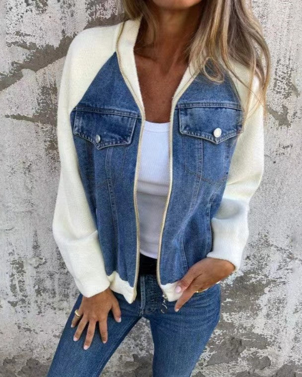Contrast Sleeve Denim Bomber Jacket - Blue