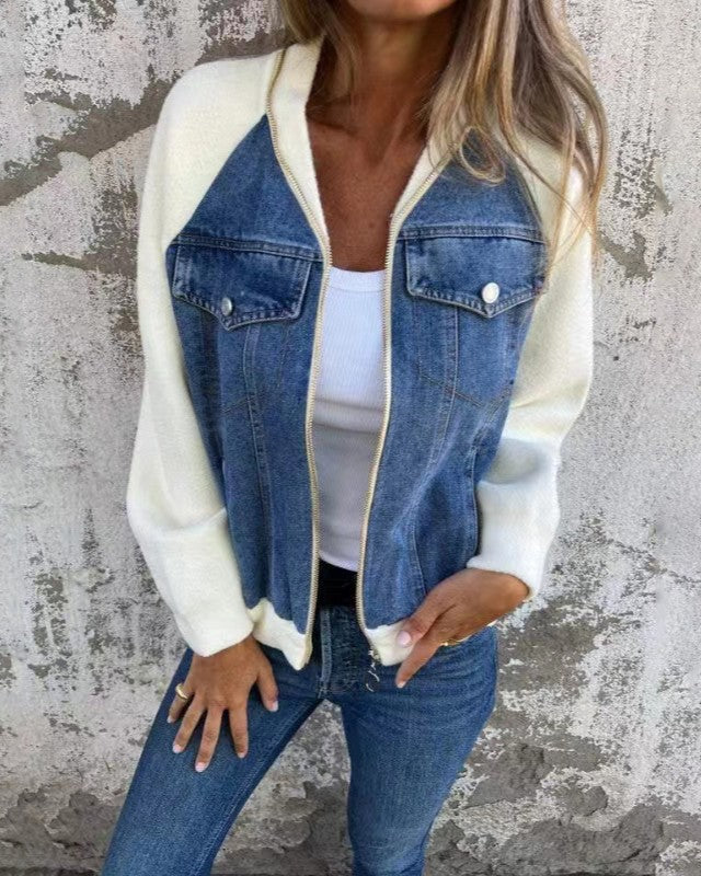 Contrast Sleeve Denim Bomber Jacket - Blue - 1