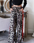 Leopard Print Contrast Stripe Wide Leg Pants - Leopard