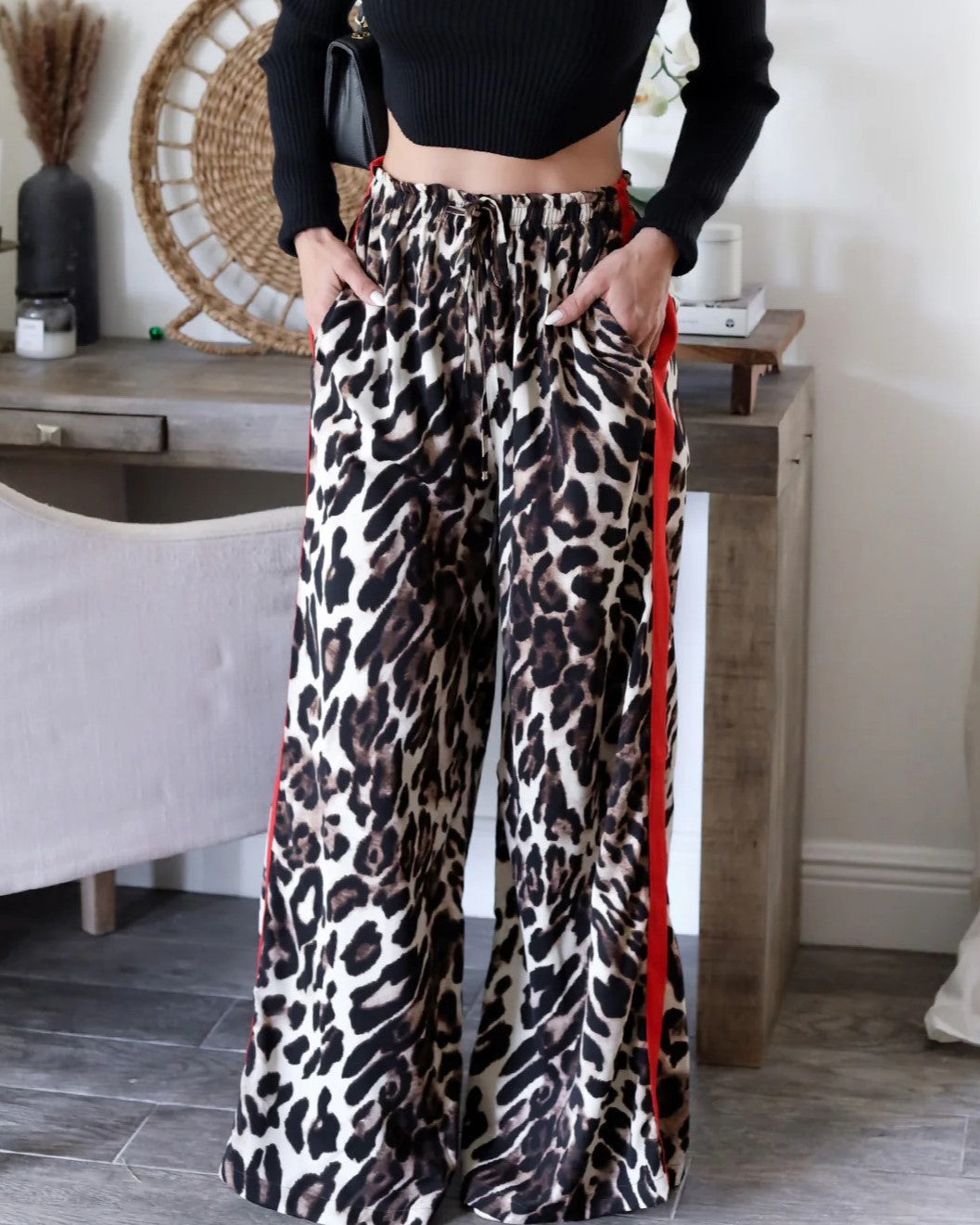 Leopard Print Contrast Stripe Wide Leg Pants - Leopard
