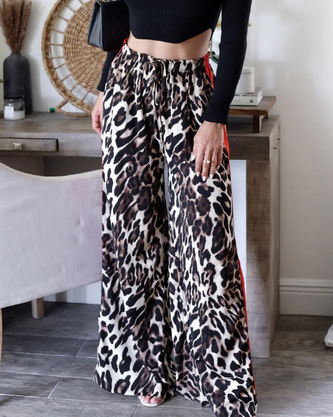 Leopard Print Contrast Stripe Wide Leg Pants - Leopard - 1