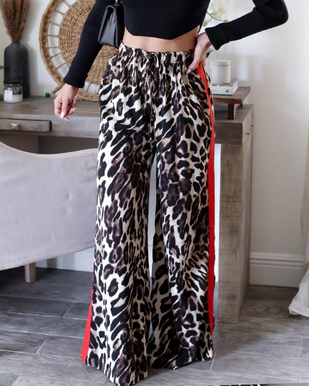Leopard Print Contrast Stripe Wide Leg Pants - Leopard - 4