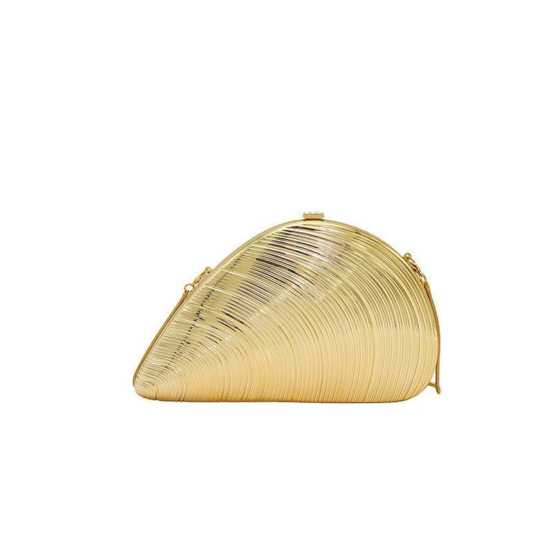 Metallic Shell Clutch Bag with Chain Strap - Champagne