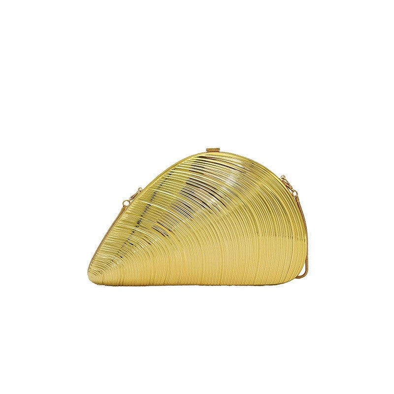 Metallic Shell Clutch Bag with Chain Strap - Gold