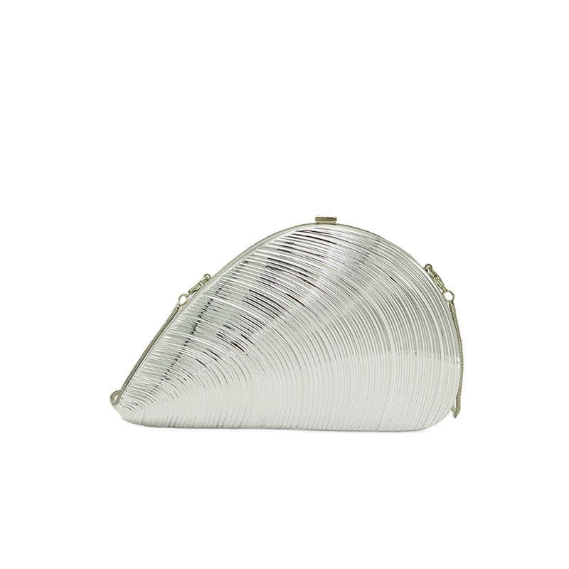 Metallic Shell Clutch Bag with Chain Strap - Silver